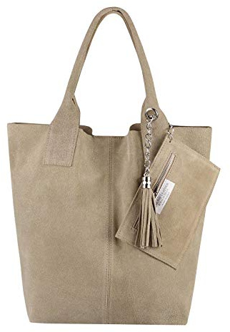 Made IN Italy Damen XXL Leder Tasche Wildleder Shopper Schultertasche Schmucktasche Taupe