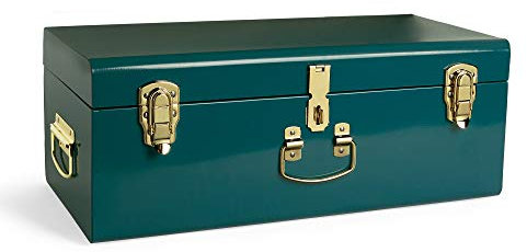Beautify Storage Trunk, Teal Stainless Steel Storage Chest w/Gold Detailing, Stylish Bedroom Chest Organiser w/Lockable Lid & Handles, Sturdy Multi-Purpose Bedding, Blanket & Toy Box