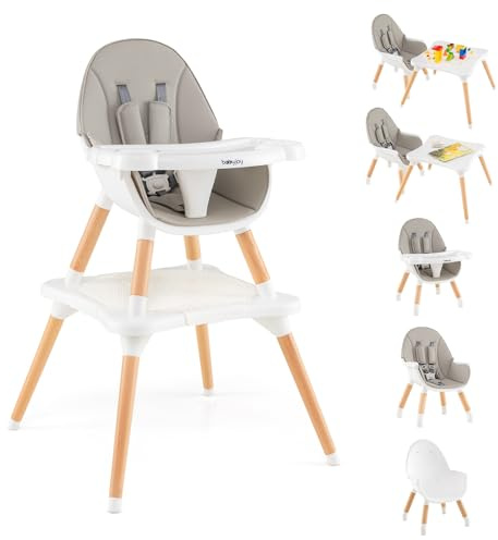 BABY JOY 6 in 1 High Chair, Convertible High Chairs for Babies and Toddlers/Booster Seat/Table and Chair Set, Infant Wooden Highchair w/ 5-Point Harness, 4-Position Removable Tray & PU Cushion (Gray)