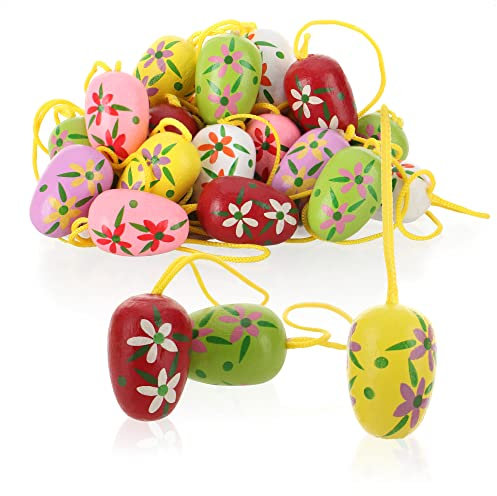 com-four® 24x Ostereier zum Aufhängen - Osterdeko aus Holz in tollen Farben - Deko Ostereier mit schönen Farben und Mustern (Lebendig / 1.9cm)