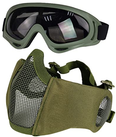 Yzpacc Airsoft Mask with Goggles, Foldable Half Face Airsoft Mesh Mask with Ear Protection for Paintball Shooting Cosplay CS Game (OD)