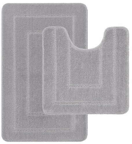 LifeStyle Comfort Ltd Ichra rutschfeste Badematte, extra weich, wasserabsorbierend, 100% Polypropylen, waschbar, WC-Vorleger, Duschvorleger, Badezimmerteppich für WC, 2 Stück, Grau