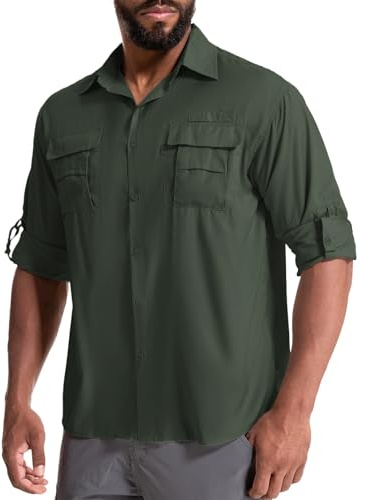 Yeyity Chemise d'Extérieur UPF50+ Protection UV - Manches Longues, Respirante, Séchage Rapide - Fonctionnelle pour Safari, Randonnée, Pêche, Trekking - Vert Kaki, M