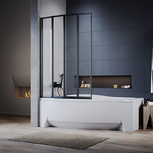 ELEGANT Black 4 Panel Folding Bath Shower Screen,1000mm Over Bath Shower Screen Door Toughened Safety Clear Glass Bathtub Door Pivot Swing Panel