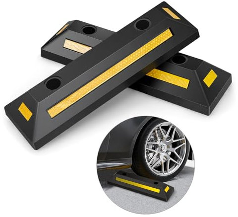 GOPLUS Lot de 2 Butées de Roue pour Stationnement De Véhicule, Caoutchouc Durable et Robuste, Bandes Réfléchissantes, Intérieur Extérieur, pour Pneus de Voiture, Camion, Camionnettes, pour Garage