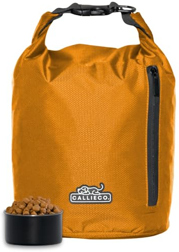 Callieco Dog Food Travel Bag w/ 1 Cup Scoop and Zipper Side Pocket | Waterproof Kibble Storage Container for Home, Road Trips, Camping, Boarding and More (Orange, 64 Cups)