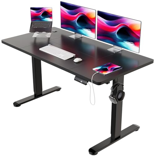 Devoko Escritorio Elevable Eléctrico 160 x 80 cm Negro | Ajuste eléctrico de altura, 3 memorias de altura, Gestión de cables integrada, Tecnología anticolisión