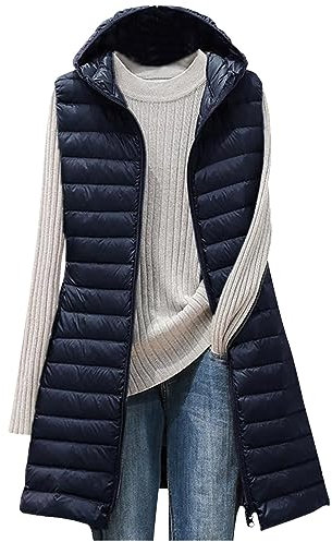 daunenweste damen lang übergangsjacke damen sommer Lange Steppweste Damen Ärmellos Weste mit Kapuze Einfarbig Winterjacke Leichte Jacke Große Größen Wintermantel Reißverschluss Steppjacke Locker