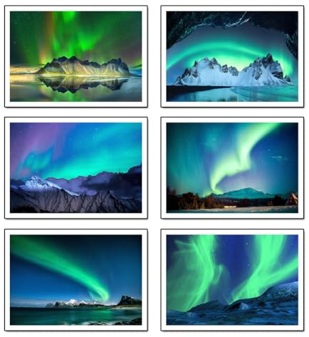 Set 6 cuadros base madera, Decoración Salón Modernos, Dormitorios, Habitación, paisaje, naturaleza, Aurora Boreal Noruega con colgadores metálicos, (38 x 29 cm cada cuadro)