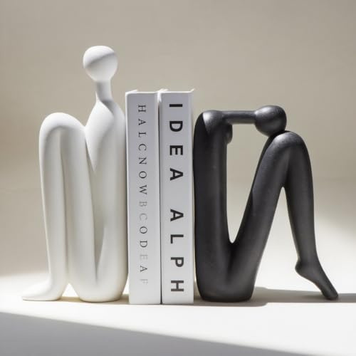 WANCHIY Ceramic Bookends Set of 2, Thinker Design, Black and White | Heavy Duty Book Ends, Modern Aesthetic Decor, Non Slip Base, Office Bookshelf Organizer, Abstract Sculptures