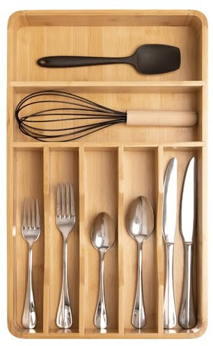 KitchenEdge Silverware Organizer - Cutlery, Flatware, and Utensil Holder for Kitchen Drawers, Fixed 10.5” Width, 7 Storage Compartments, Non-Slip Feet, Rounded Corners, 100% Bamboo