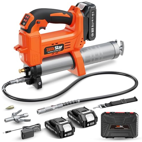 TaskStar Ingrassatore a Batteria da 10000 PSI: Ingrassatore Migliorato con Controllo Automatico del Volume di Grasso, 2 Batterie, 3 Accoppiatori - 4,6 oz/min Efficiente per Trattori, Camion e Macchine