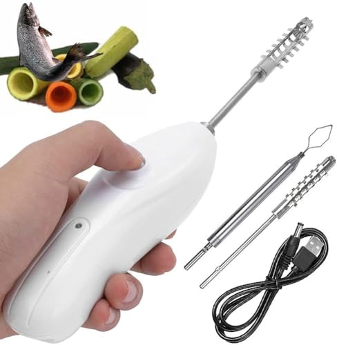 Pelador y descorazonador eléctrico de calabacín, removedor de descorazonadores de frutas y verduras de mano de acero inoxidable con 2 cabezales de corte, incluye raspador de escamas de pescado y
