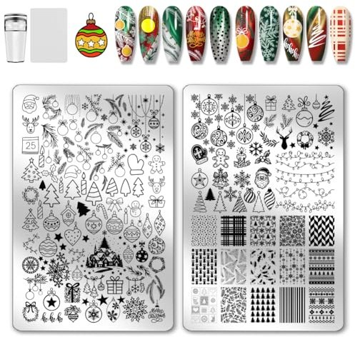 PH PandaHall Christmas Nail Stamping Plates Xmas Bell Tree Wreath Nail Art Designs Snowflakes Snowmen Manicure Art Stencil Bells Santa Claus Nails Design Template for Women Manicures Salon, 2pcs