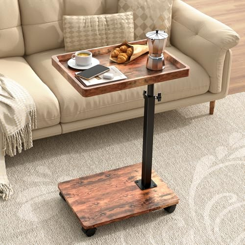 QAUUQQ C Table Side Table Adjustable Height, 360°Swivel TV Tray Table with Wheels, Small Table for Eating, Dinner, C Shaped End Tables Living Room and Bedroom for Sofa, Couch, Bed,Chair, Snack