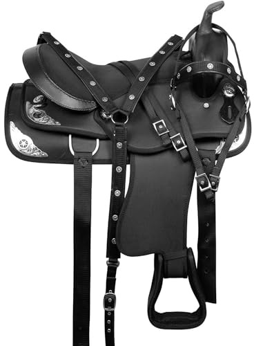 Western Horse Saddle Synthetic Pleasure Trail Barrel Racing Tack Set Black 10 to 18 Seat 001 (10 Seat)