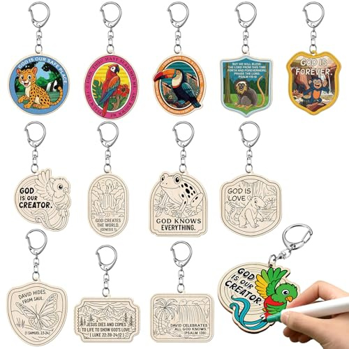RattanView 24 Pcs 2026 VBS Craft DIY Wooden Rainforest Falls Kits Color Your Own Keychains DIY Craft Wooden Blank Keychains for Sunday School Classroom Home Active Party Favors Gifts, 12 Styles