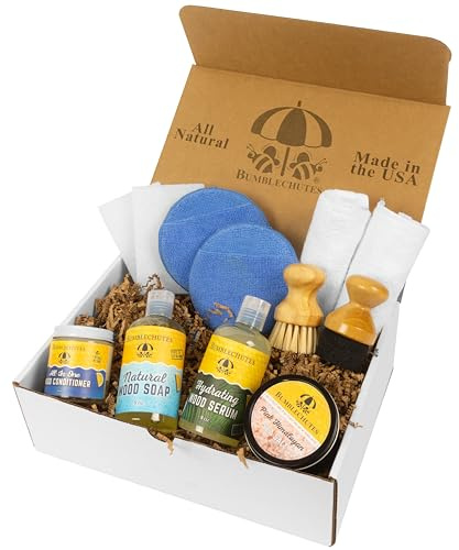 Bumblechutes Wood Cutting Board Care Kit Gift Box – Clean, Hydrate, Protect – Natural Beeswax Cutting Board Wax Food Grade Butcher Block Oil, Wood Soap, Scrub Brush, Buff Pads, Applicator