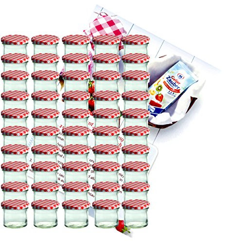 MamboCat 50er Set Sturzglas 125 ml Marmeladenglas Einmachglas Einweckglas to 66 rot Karierter Deckel incl. Diamant-Zucker Gelierzauber Rezeptheft