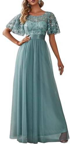 Ever-Pretty Abiti da Cerimonia Stile Impero Maniche Corte Linea ad A Elegante Scollo a Rotondo Donna Tulle Blu Polveroso 42