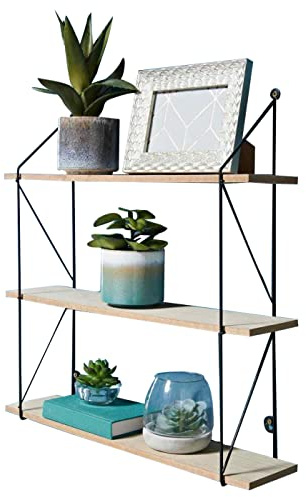 spot on dealz® 3 Tier Floating Shelf Wall Shelves for Bedroom Wall Mounted Bookcase Hanging Shelves Bookshelf Book Shelves for Living Room Display Wooden Shelving Unit Black Metal Wire