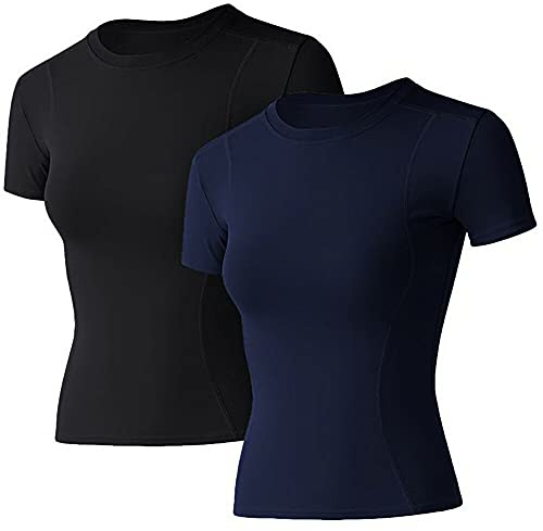 Loovoo Compression Shirts for Women Short-Sleeve Workout 2 Pack Crewneck Seamless Athletic Yoga Tee Gym Tops