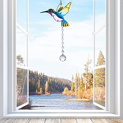 Attrape-soleil en cristal en forme de colibri, vitrail à suspendre pour intérieur et extérieur, maison, jardin, bureau, cadeaux pour femmes, filles, amateurs d'oiseaux (bleu)