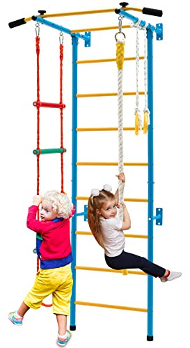 COSTWAY Set di Sbarre per Bambini, Spalliera in Acciaio da Parete per Interni, Sbarra per Trazioni, Scala a Corda, Corda e Anelli da Ginnastica per Bambini dai 3 Anni in su, 107 x 83 x 223 cm (Giallo)