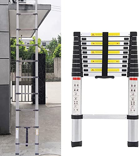 Échelle télescopique de 3,8 m en acier inoxydable antidérapante échelle d'appui échelle de grenier avec 13 échelons, échelle extensible portable pour l'extérieur et l'intérieur, capacité de charge 150