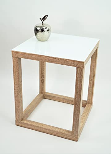 freeroom24, Beistelltisch, Wohnzimmertisch, Couchtisch, Coffee Table, Kaffeetisch, Blumenhocker, Blumensäule, Cube, Holzoptik Sonoma Eiche Nachbildung, Glas weiß, 20 x 20 x 40cm, Made in Germany