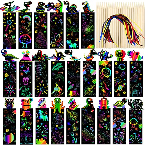 Xhtol Scratch Art for Kids, 48Pcs Scratch Art Party Bag Fillers, Magic Rainbow Bookmarks for Children, Animal Craft DIY Scratch Art Paper Tags for Girls Boys Classroom Birthday Gifts