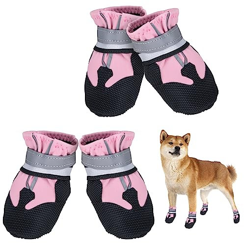 Avvrel Hundeschuhe, 4 Stück Pfotenschutz Hundestiefel rutschfeste wasserdichte Hundeschuhe mit Verstellbar Reflektierendem Riemen, Outdoor Hundeschuhe für Kleine Mittel Große Hunde (Rosa, L)