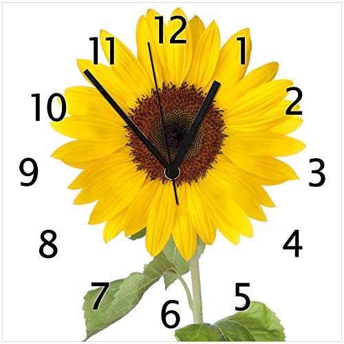 Wallario Design-Wanduhr Sonnenblume aus Glas, Motiv-Uhr Größe 30 x 30 cm, Schwarze Zeiger
