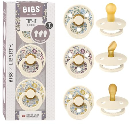 BIBS x Liberty Try-it Collection Dummy, 0-6 Months, 3-Pack, Eloise | Mixed Teat Types | Natural Rubber Latex | Size 1 | BPA-Free | Made in Denmark | High Teat Acceptance | Airflow Holes