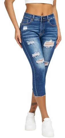 roswear Women's Capri Jeans Ripped Stretch Denim Capris Mid Rise Skinny Cropped Pants Blue Large