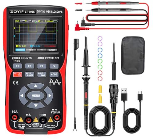 Mulcort 3 in1 Oscilloscope Multimeter 50MHz Bandwidth 280MS Sampling Rate PC Waveform Data Storage Dual Channel Oscilloscope Signal Generator 3.5 Inch Color Display Digit Handheld Oscope Meter