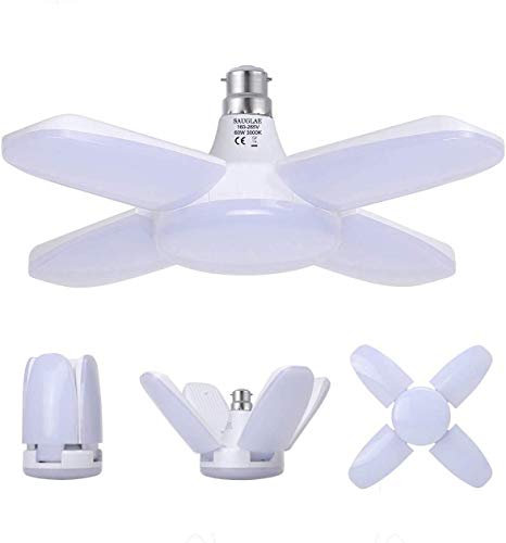 SAUGLAE Luci LED da garage, B22, deformabili, 60 W, 6800 lm, bianco caldo 3000 K, lampadine LED da garage con 5 pannelli regolabili per magazzino, officina, cantina (confezione da 1)