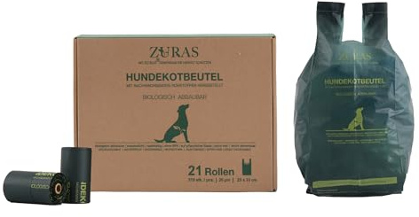 ZURAS® 100% Biologisch abbaubare Hundekotbeutel mit Henkel auf pflanzlicher Basis, 315 Kotbeutel, 21 Rollen, 20µm extra dick, reißfest und wasserdicht, DIN EN 13432, kompostierbar