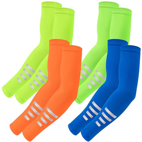 Heveer Reflektierende Arm Sleeves Sonnenschutz Arm Ärmel Sport Armlinge Unisex Armstulpen für Freien 4 Paar Blau, Grün, Gelb, Orange