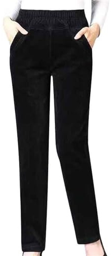 Generic Women's Black Corduroy Trousers Size L - Casual Thermal Straight Leg Elastic Waist Warmth Providing - Short Length