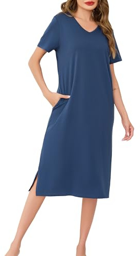 Wikoan Abiti Lunghi da Donna Camicie da Notte con Scollo a V Colori Solidi Abiti Lunghi a Maniche Corte con Tasche,S-XXL