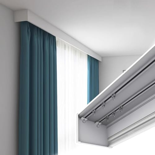 JTSMJQIE Bedroom Double Curtain Tracks Ceiling Wall Mounted, Heavy-duty White Curtain Pelmet Box Decorative, Window Curtain Rod Double Rail