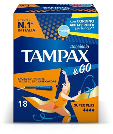 Tampax & Go Super Plus, 18 assorbenti interni con applicatore in plastica, dotati di presa antiscivolo e doppio cordino protettivo. Ideali per flussi molto abbondanti