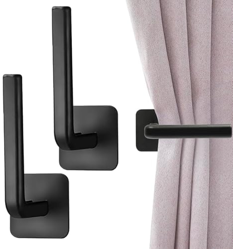 EnixwH 2 Ganci Adesivi per Tende Fermatenda Da Muro, Fermatende Autoadesivi, Ganci per Tende Senza Bucare, Gancio A L Nero per Decorazione Domestica Soggiorno e Camera Da Letto