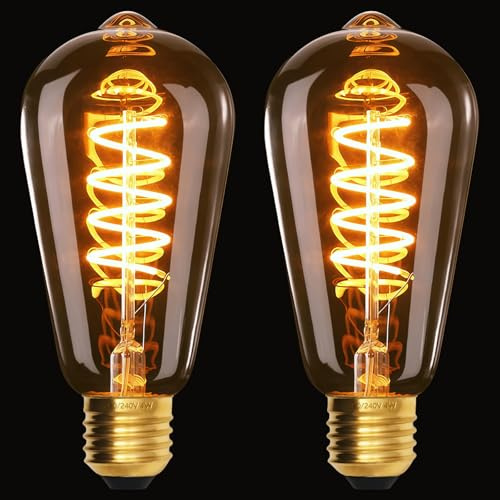 Terafeels 2 Pack E27 Vintage LED Light Bulbs, ST64, 4W, 220-240V, Spiral Filament, 2200K Warm Yellow Glow, Amber Glass, Dimmable Edison Screw in Light Bulb