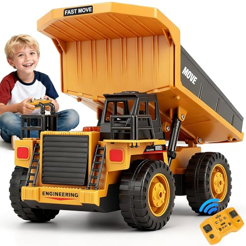 Camión Volquete Control Remoto Niños Juguete Camión de Construcción RC con Caja Metálica, Luces y Sonidos, Regalo para Niños Niñas de 3 4 5 Años para Interiores y Exteriores