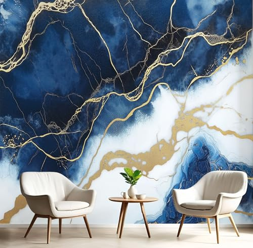Fotomurales Decorativos Pared Mármol Abstracto 352×250cm Papel Pintado Tejido No Tejido Oro Rayas Fotomural 3D Mural Paredes Papel Tapiz Decoración Salón o Dormitorio