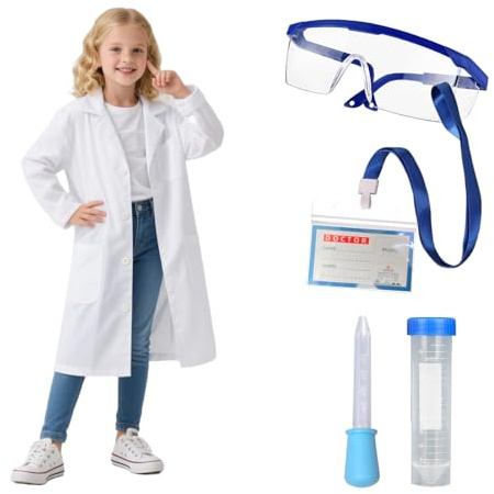 Läkarrock, barn, laboratorierock, vit, kostym för pojkar, flickor, laboratoriekappa, långärmad medicin med skyddsglasögon, körkort, provrör för doctor Fancy Dress U, lekset, karneval, present (130)