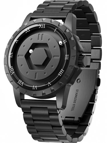 EUTOUR Montre Magnétique pour Homme Roulement à Billes Design Minimaliste Cadran sans Verre Mouvement à Quartz Cadran 42 mm Bracelet en Acier Inoxydable Noir
