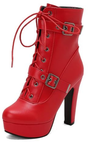 Botines Mujer con Cordones Punta Redonda Parte Superior Cuero PU Tacón Alto Plataforma Correas Hebilla Slip On Zapatos Fiesta Noche,Rojo,37.5 EU